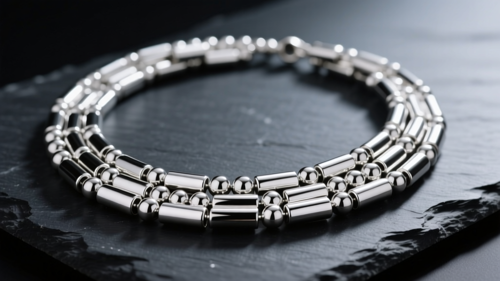 Multi-strand liquid silver necklace on dark slate, showing high-polish tubular sterling beads reflecting soft studio light.