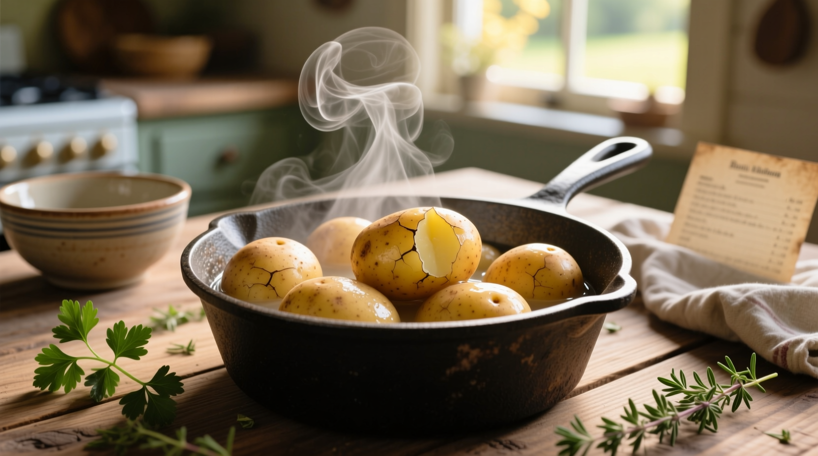 Perfectly boiled potatoes in a pot with steam rising