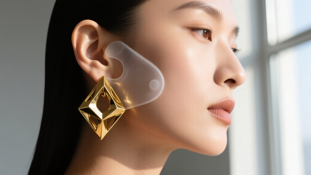 Earlobe wearing a heavy sculptural gold earring supported by a clear silicone lift patch to prevent sagging and tearing.