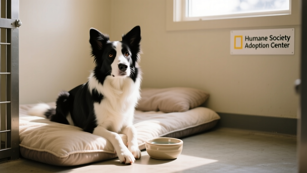 A calm, well-groomed Border Collie sitting patiently in a shelter kennel with soft bedding and a water bowl