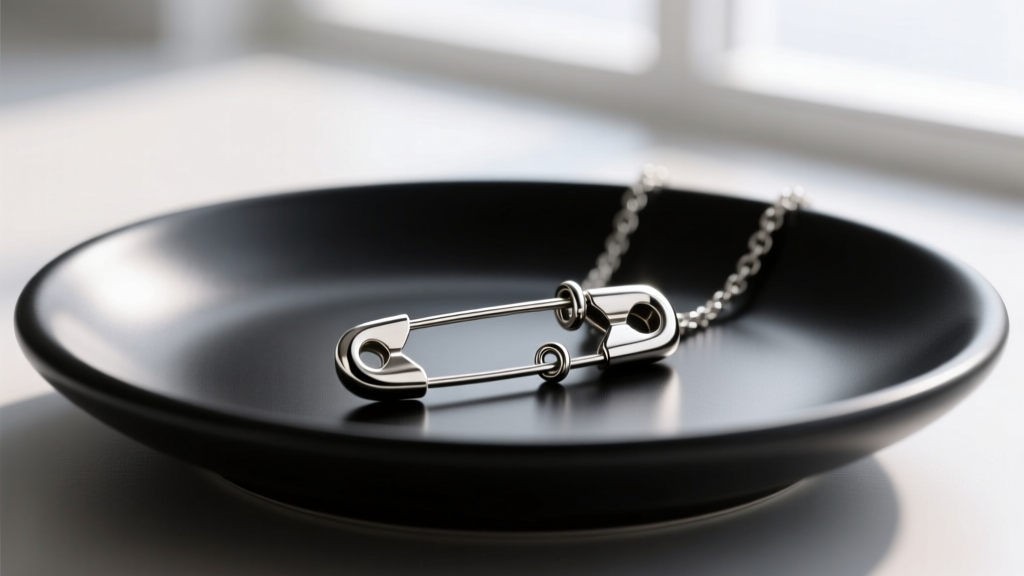 Close-up of a titanium safety pin pendant on a matte black dish, soft lighting highlighting the secure locking clasp mechanism.