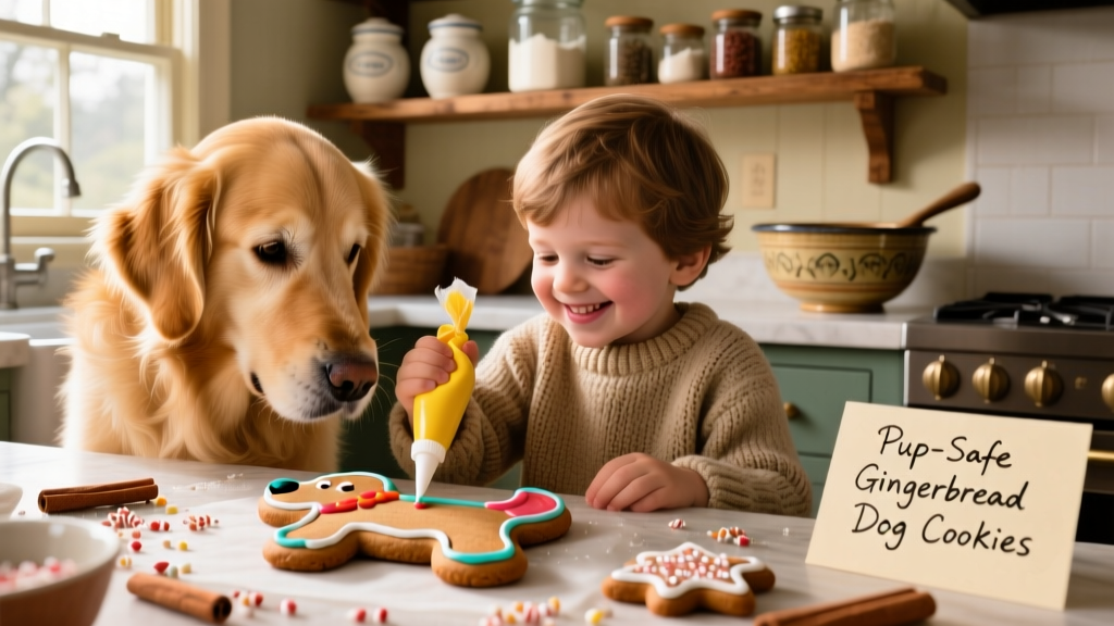 Child and golden retriever decorating gingerbread dog cookies together at a kitchen counter