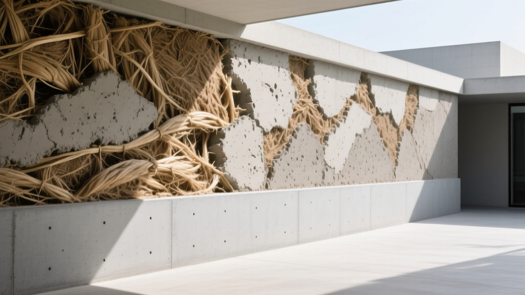 Textured hempcrete wall with exposed hemp hurds beside a smooth gray poured concrete structural foundation in bright daylight.
