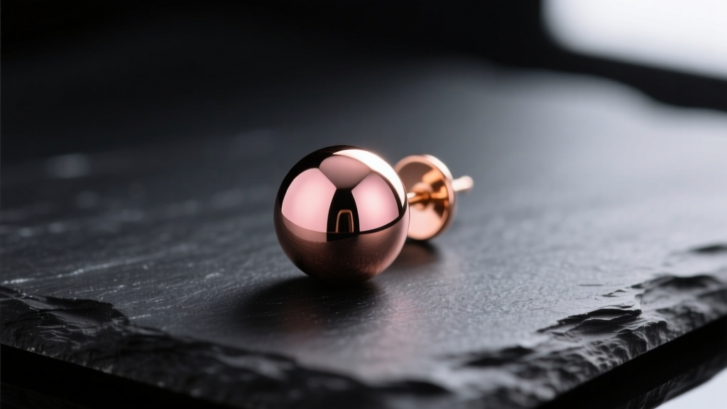 Macro shot of a 14k rose gold ball earring on black slate, highlighting the warm copper-pink luster and polished finish.