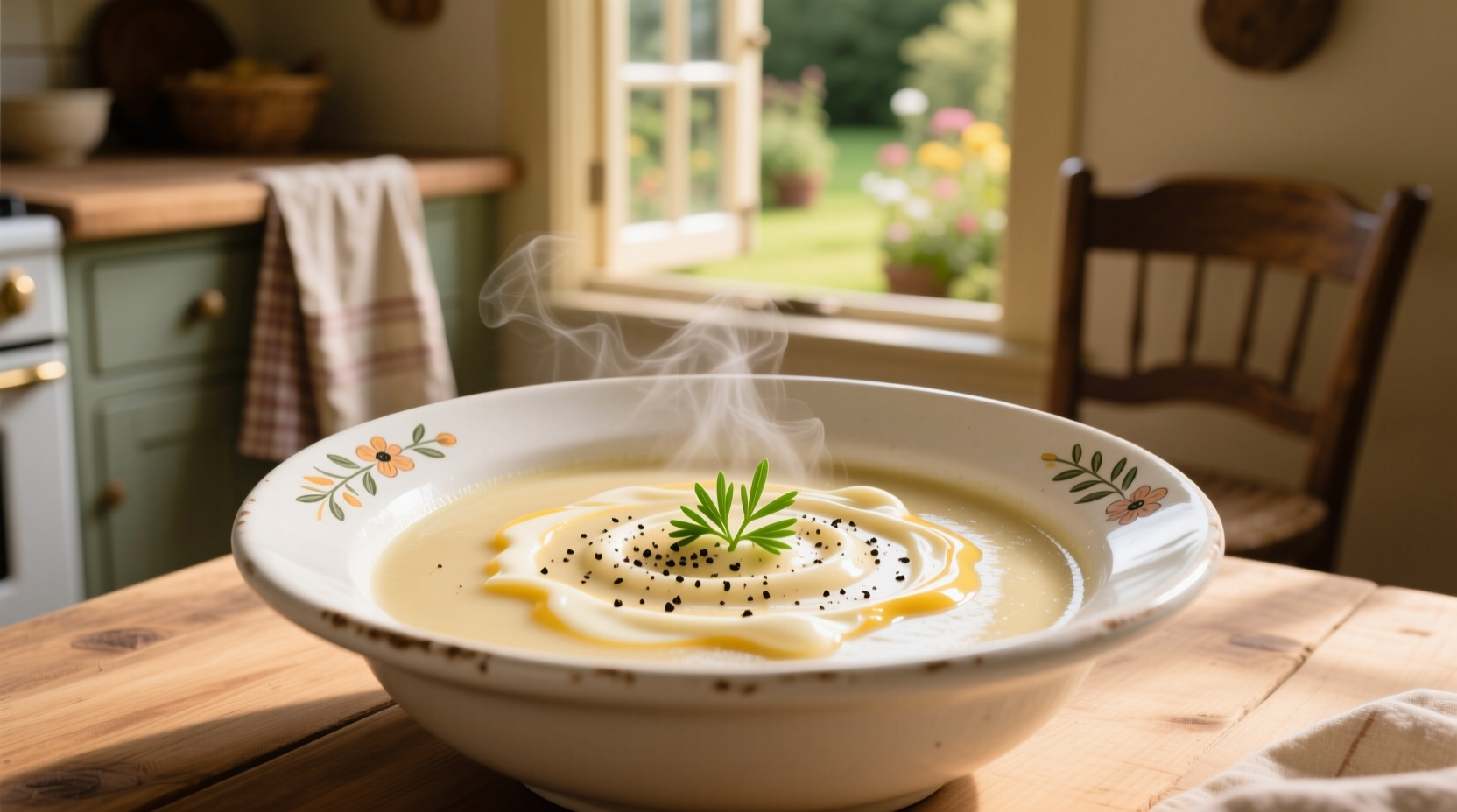 Creamy potato soup with cream cheese in white bowl