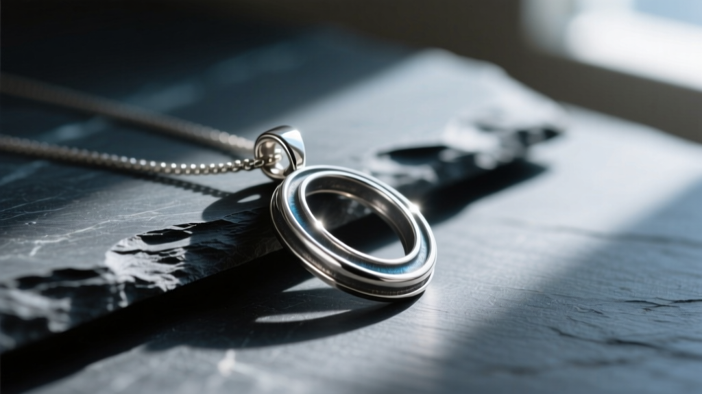 Oxidized sterling silver pendant with dark crevices and polished edges on slate, captured with moody directional lighting.