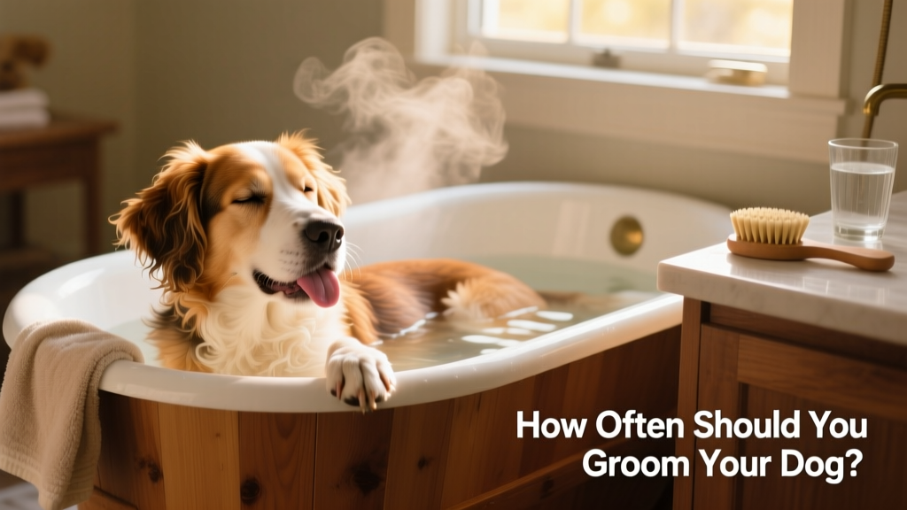 A relaxed dog enjoying a warm, gentle bath at home