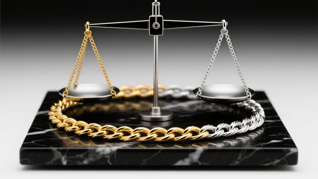 Jeweler scale weighing a 16-inch 14k gold cable chain next to a 20-inch sterling silver rope chain under bright studio light