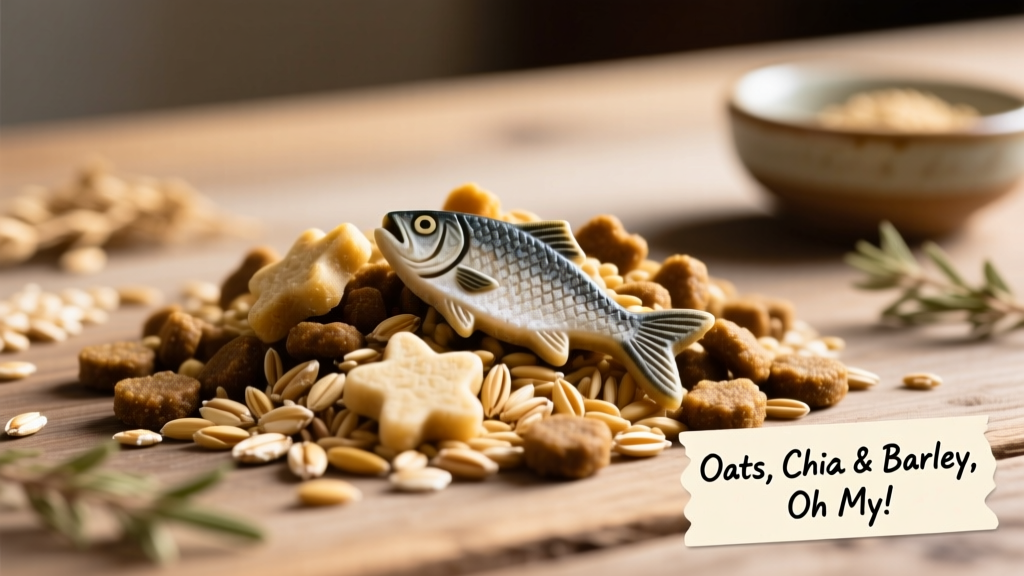 Close-up of kibble showing visible grains like oats and millet mixed with fish-shaped pieces