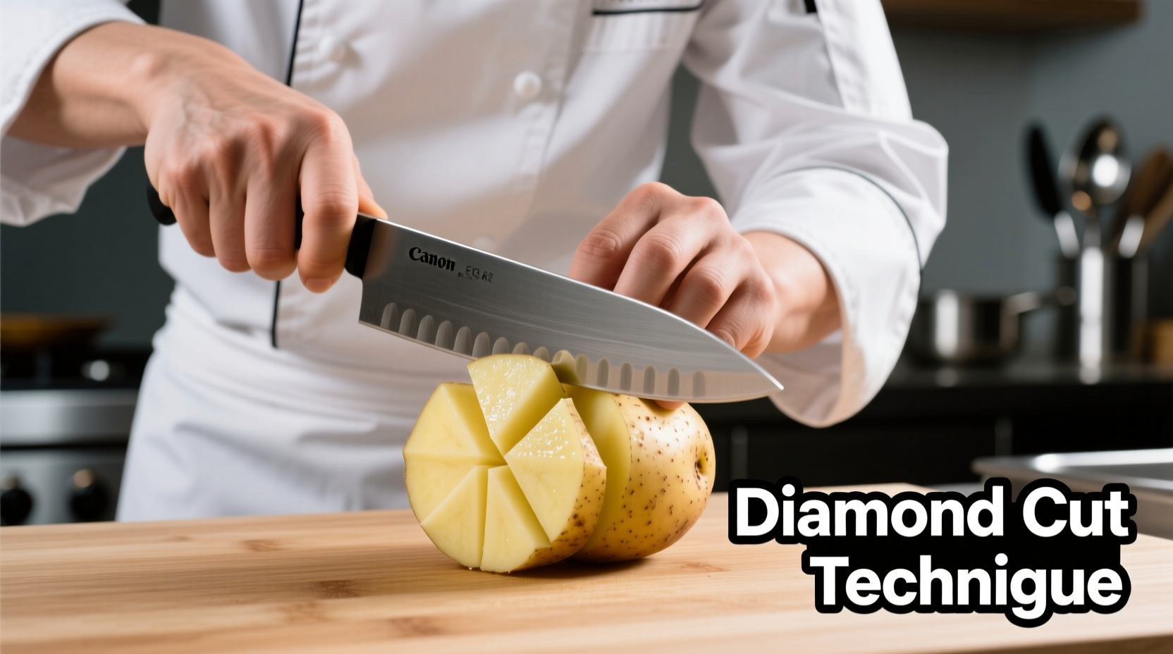 Chef demonstrating diamond potato cutting technique