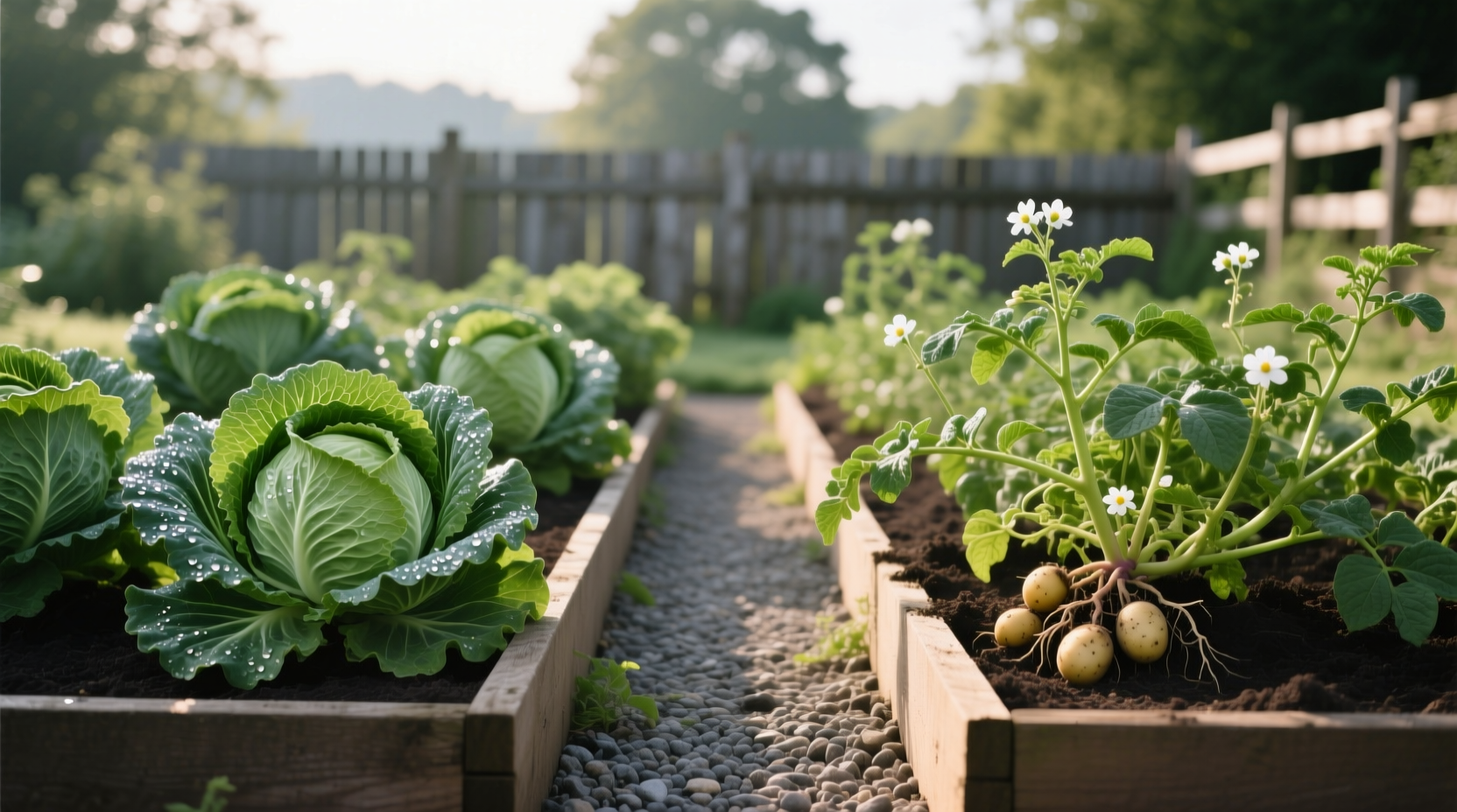 Cabbage and potato plants growing in separate garden beds