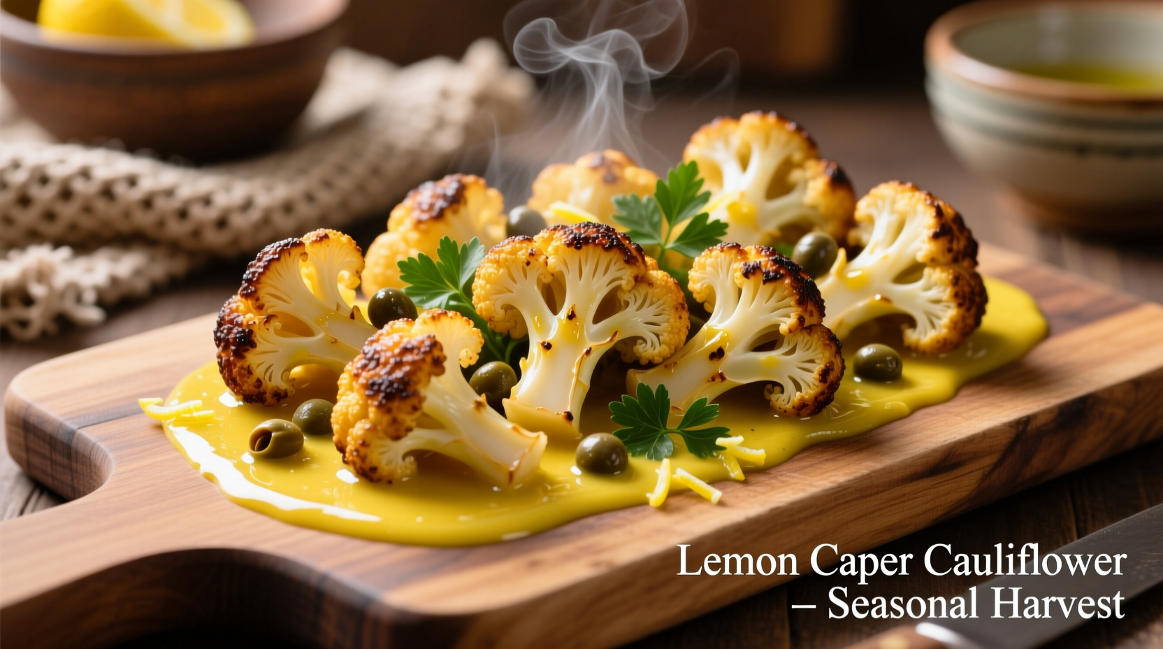 Golden brown cauliflower florets in lemon caper sauce