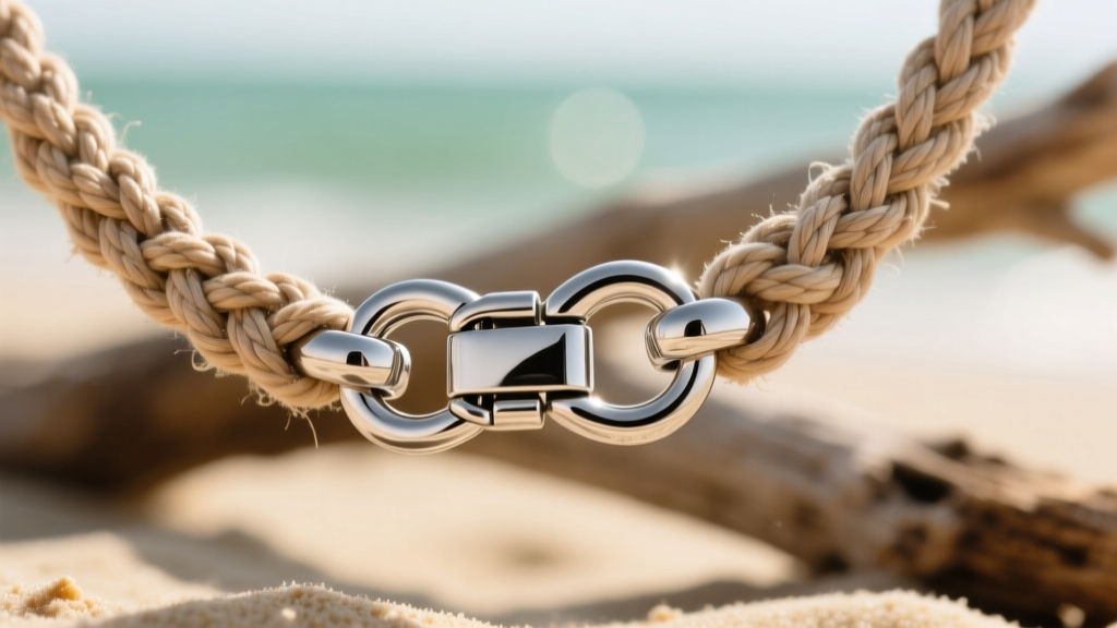 Close-up of a stainless steel lobster clasp on a woven macrame beachy necklace, highlighting a secure, sand-proof jewelry closure