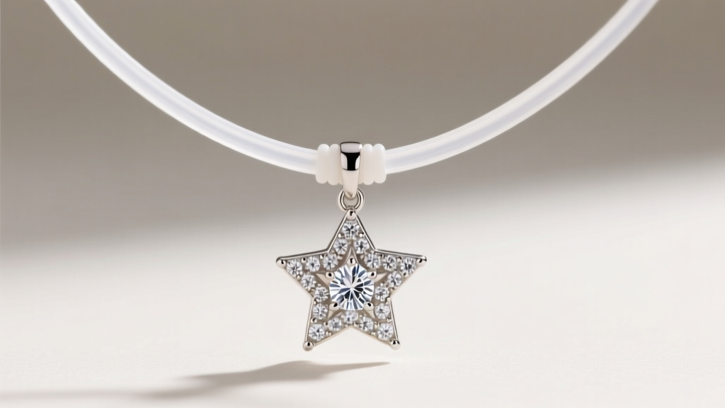 Close-up of a diamond star necklace using a discreet silicone sliding stopper on a fine cable chain to keep the pendant centered.