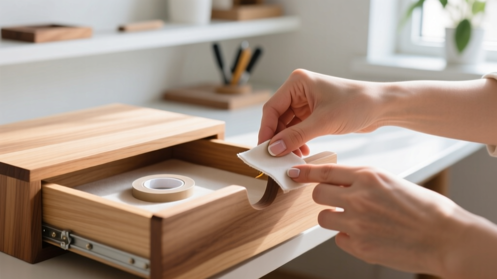 Hands applying anti-tarnish cloth and acid-free barrier tape to the interior base of a wooden DIY jewelry drawer, bright light.