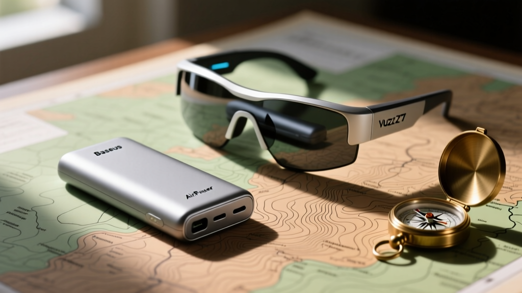 Close-up of Baseus AirPower 5000mAh slim battery pack and Vuzix Z100 smart glasses resting on a topographic map beside a compass
