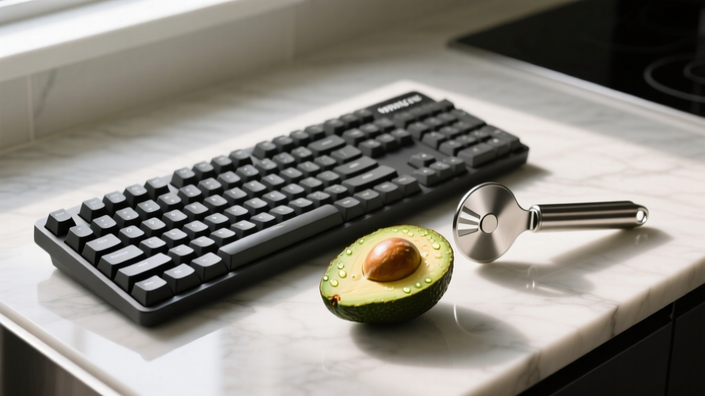 Wooting 60HE+ mechanical keyboard beside a sliced avocado and a stainless steel avocado slicer gadget on a modern kitchen counter