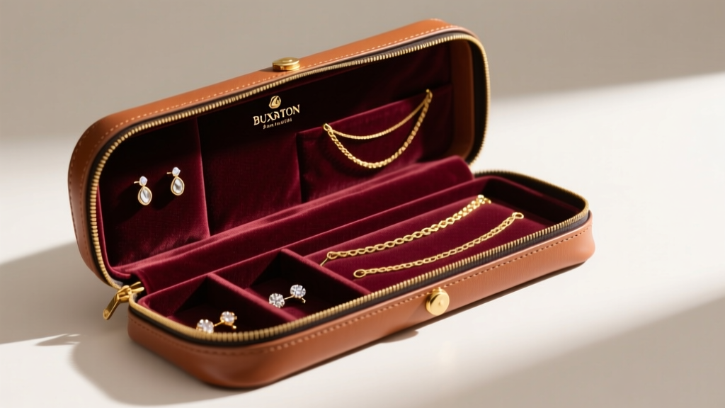 Cognac leather Buxton travel jewelry roll unrolled to show dedicated velvet compartments for stud earrings and thin gold chains.