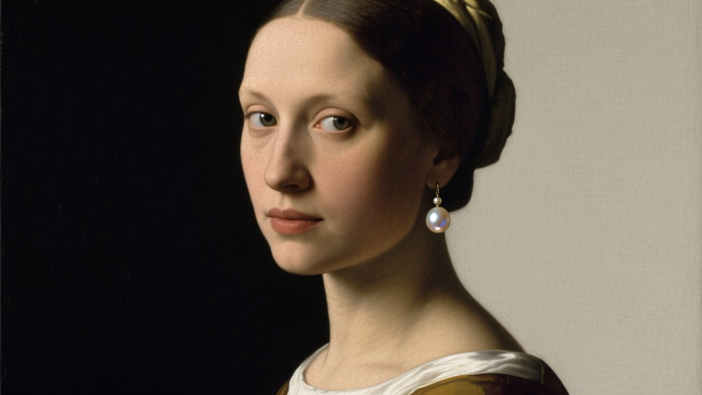 Portrait of a woman wearing a luminous Akoya pearl drop earring, lit by moody, Vermeer-inspired chiaroscuro studio lighting