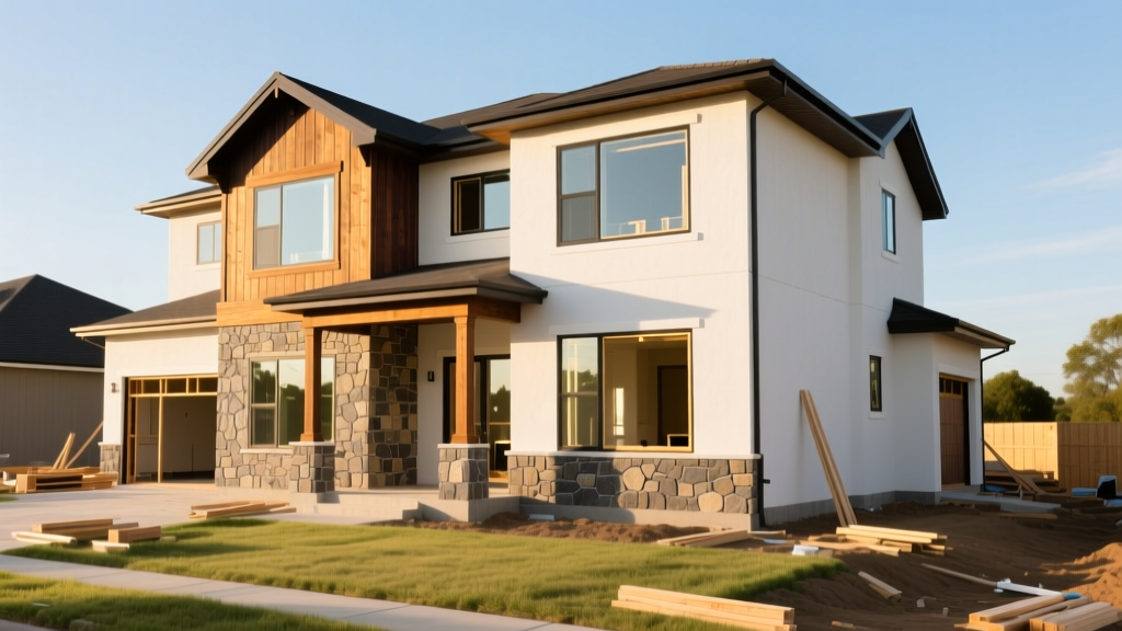 Modern two-story four bedroom house with stone veneer accents and dark timber framing under construction on a sunny suburban lot