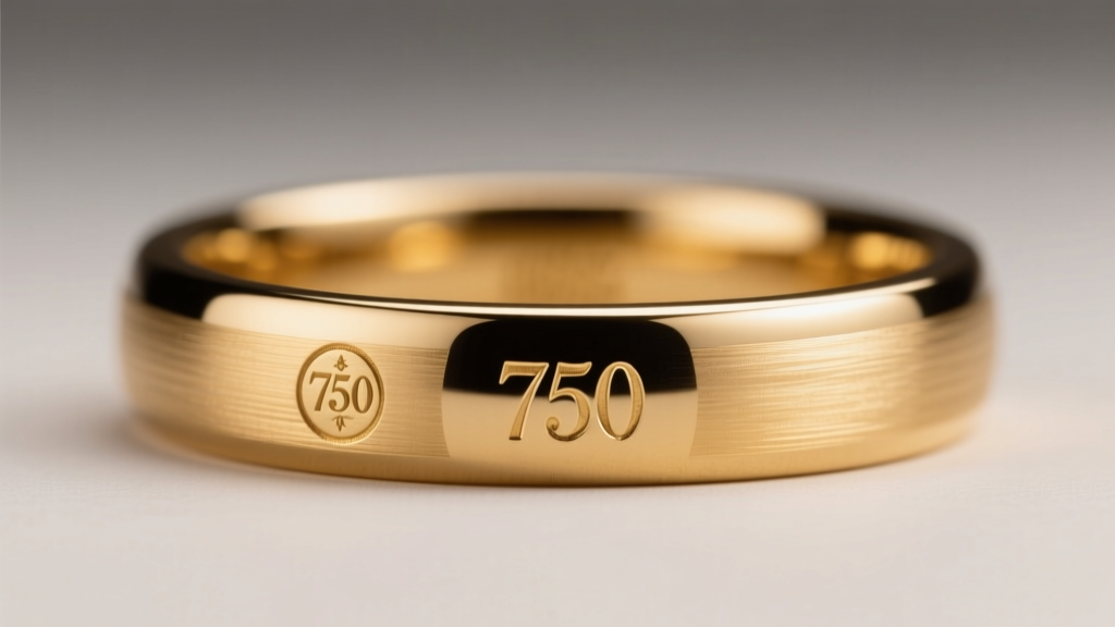 Macro image of an 18k gold ring shank displaying the 750 hallmark and maker stamp clearly under neutral diffused lighting.