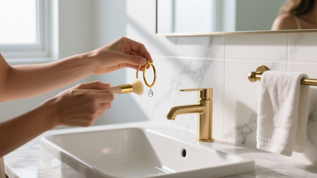 Close-up of a woman cleaning small continuous gold hoop earrings with a soft brush and mild soap in a bright modern bathroom.