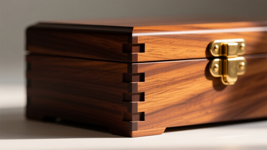 Close-up of a solid mahogany jewelry box corner with dovetail joinery, highlighting thick wooden walls and polished brass hinges.