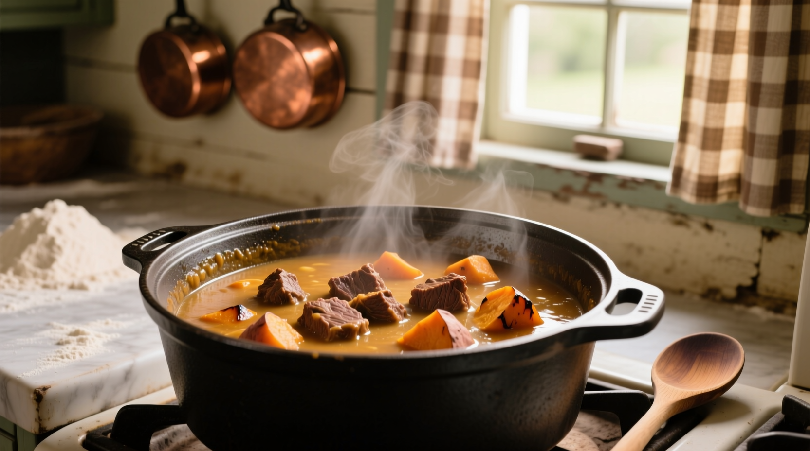 Beef and sweet potato stew in cast iron pot