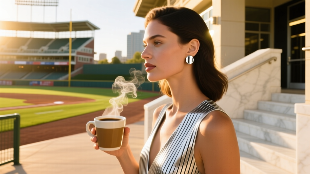 Woman wearing silver pinstripe ear cuffs and minimalist stud earrings, holding a coffee outside a sunny baseball stadium entrance.