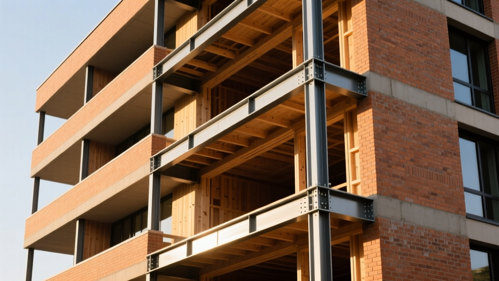 Cross-section of multi-story building showing steel shelf angles supporting clay brick veneer over a wood-framed structural cavity wall