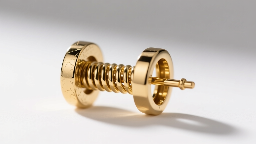 Macro shot of a 20-gauge 14k gold earring post and La Pousette locking clutch, focused on the metal texture and internal spring