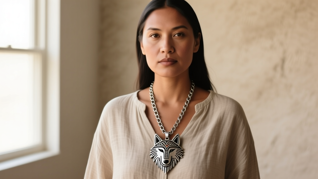 Woman wearing a Native American wolf pendant necklace with a 24-inch oxidized silver box chain over a neutral linen shirt.