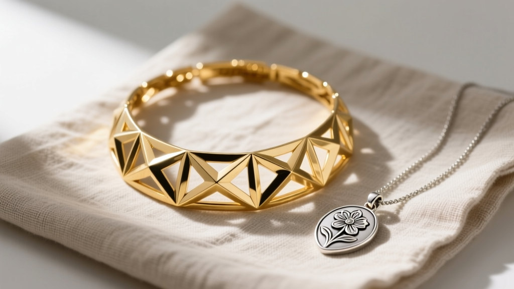 Bold designer gold necklace resting beside a delicate artisan silver pendant on neutral linen cloth in soft natural light