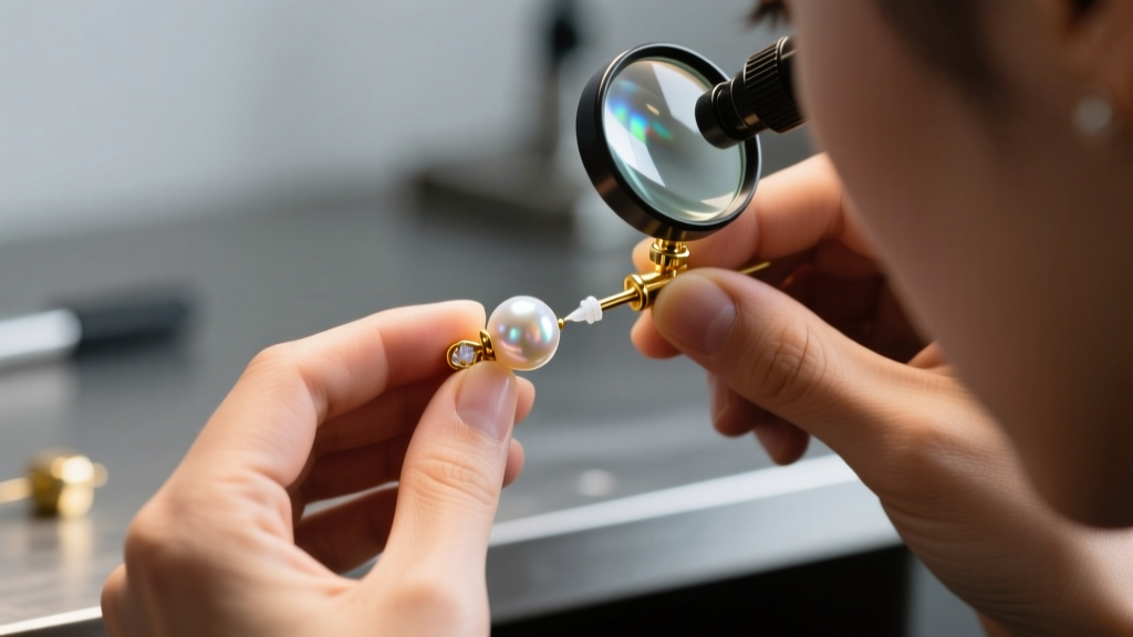 Close-up of a jeweler inspecting the gold post and epoxy glue joint of a stick pearl earring using a 10x magnification loupe.
