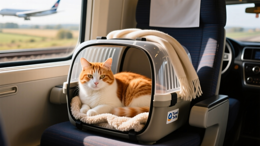 long-haired ginger-and-white cat resting comfortably inside a carrier lined with a soft fleece blanket, partially covered with a light cotton scarf