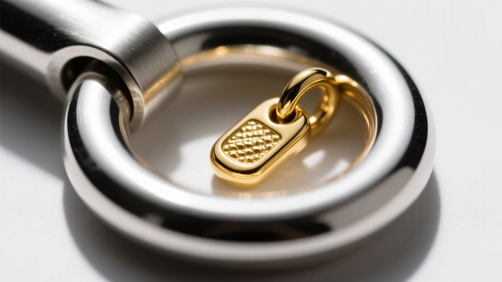 Macro shot of a tiny gold charm bail stuck inside a thick silver connector loop, highlighting the size mismatch under bright light.