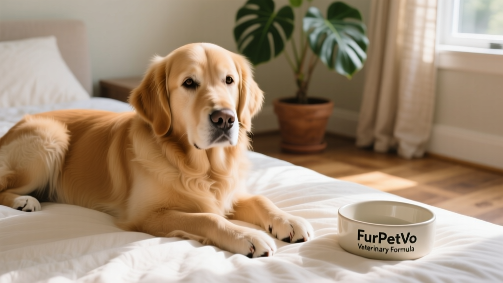 A calm, well-hydrated dog resting comfortably on a soft bed, with a low-fat meal bowl nearby labeled 'FurPetVo Veterinary Formula'