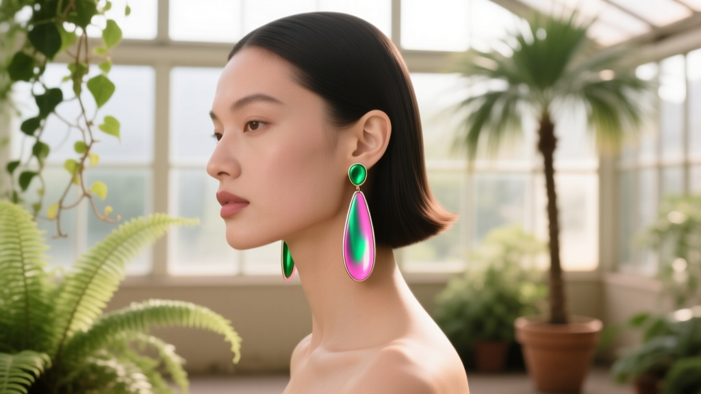 Model wearing elongated pink and green enamel drop earrings against a blurred indoor botanical backdrop in warm, natural sunlight.