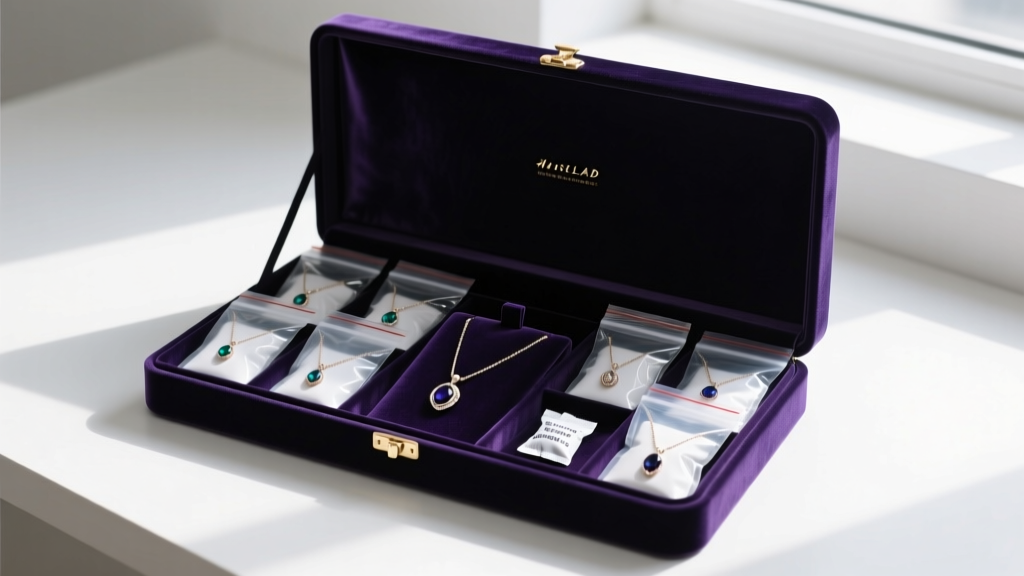 Velvet jewelry box displaying replica necklaces in separate anti-tarnish ziplock bags alongside small silica gel desiccant packs
