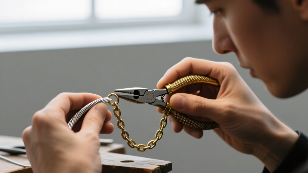 Jeweler using 20-gauge sterling silver wire and chain-nose pliers to replace a broken jump ring on an antique-style brass chain