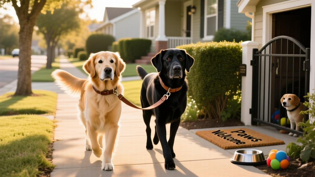 Two dogs walking side-by-side on a quiet neighborhood street, leashed and relaxed