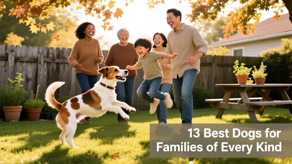 A joyful, diverse family playing with a mixed-breed rescue dog in a sunlit backyard