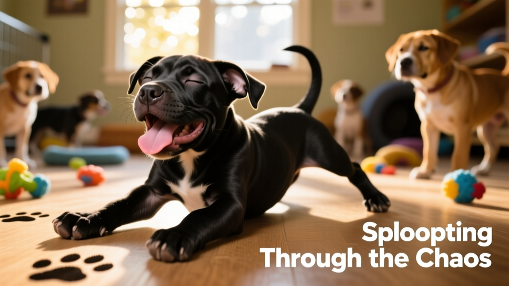 Close-up of a young Pit Bull puppy mid-sploot, tongue lolling slightly, looking utterly content