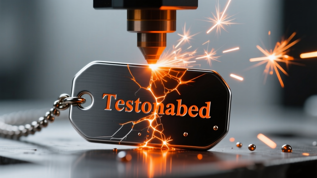 Fiber laser cutting a custom name into a tungsten dog tag blank, with bright orange sparks illuminating the dark metal surface.