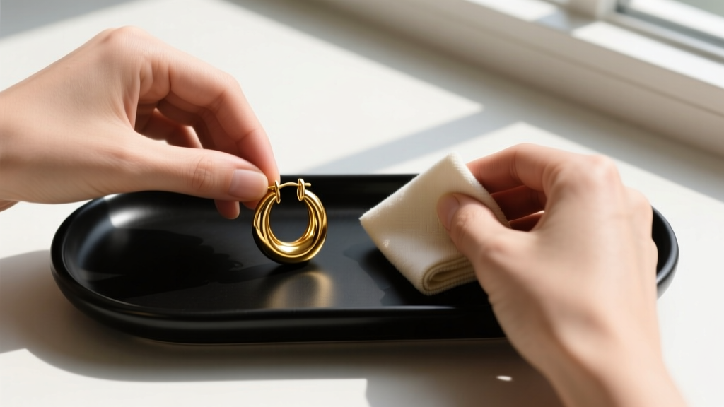 Top-down view of hands using a microfiber cloth to polish 14k gold huggie hoop earrings over a matte black ceramic jewelry tray.