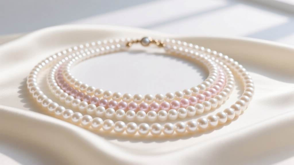 Layered eNewton pearl necklaces in 14, 16, and 18-inch lengths resting on cream silk fabric in soft, diffused natural window light.