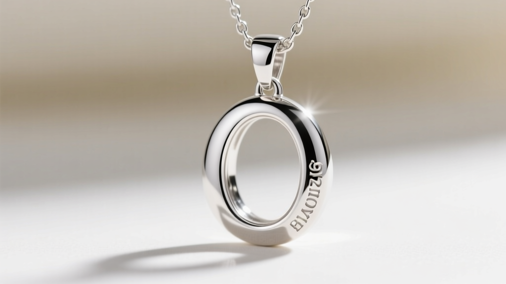 Macro shot of rhodium-plated 925 sterling silver O pendant necklace, showing bright white reflective surface and crisp hallmarks