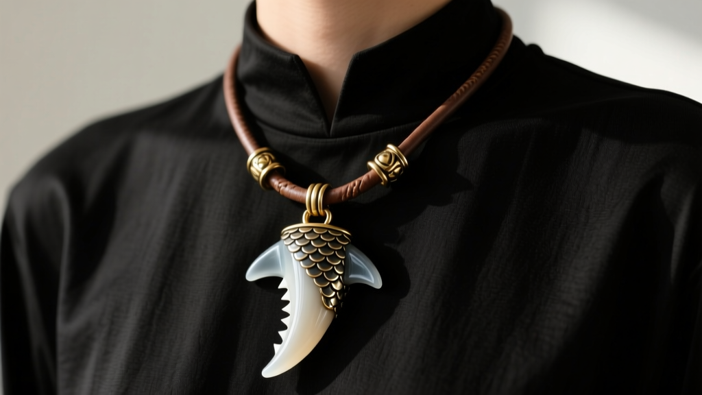 Fan wearing a Terraria sharktooth necklace replica over a dark tunic, with a leather cord and brass findings in soft daylight.