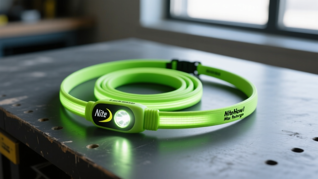 Close-up of a glowing neon green Nite Ize NiteHowl Max Rechargeable LED Safety Necklace coiled on a dark matte workbench surface