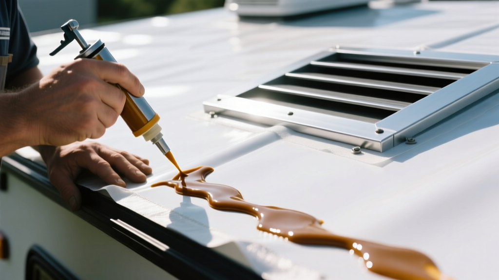 Close-up of a technician applying liquid rubber sealant to a white TPO RV roof membrane next to an aluminum roof vent